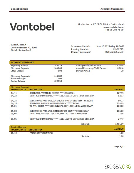 Relevé bancaire Suisse Vontobel template Relevé bancaire Suisse Vontobel template